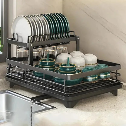 Adjustable Stainless Steel Dish Drying Rack with Drainboard – Over Sink Countertop Plate and Cutlery Organizer