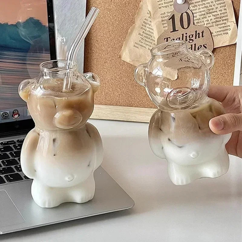 320ml Cute Bear Transparent Coffee Mug with Straw – Versatile Drinkware for Coffee, Milk, Beer, and More