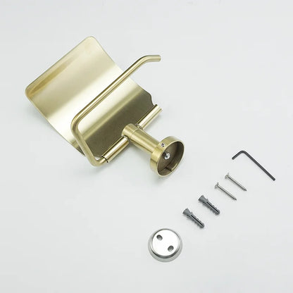 Brushed Gold Bathroom Wall-Mount Shelf & Accessory Set: Includes Toilet Paper Holder, Towel Bar, Rack, Rod, and Robe Hook