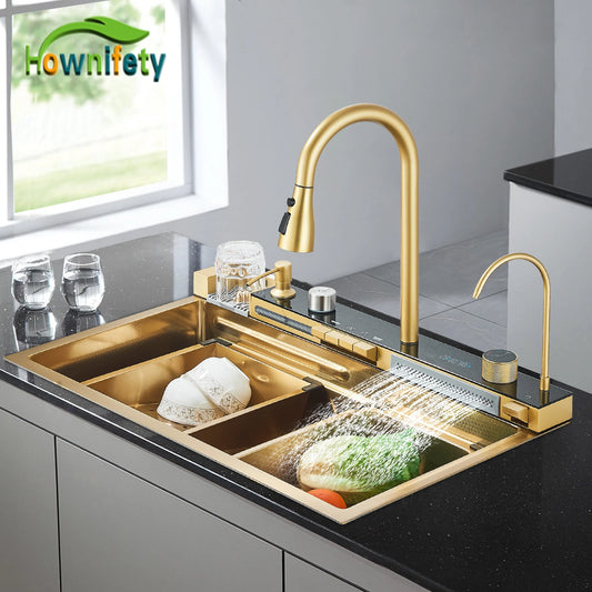 Brushed Gold Waterfall Kitchen Sink – Intelligent Digital Display, Temperature Control, Large Single Slot with Pull-Out Faucet & Pure Water Tap