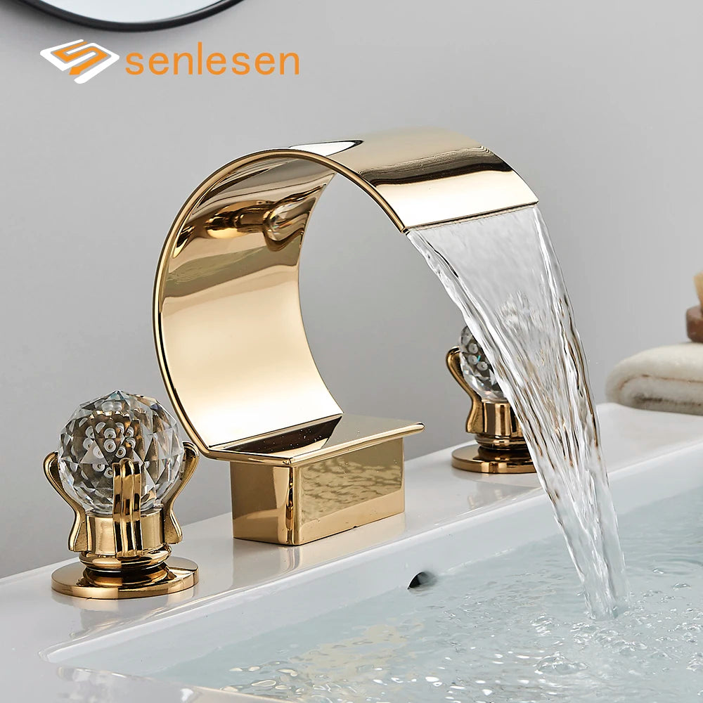 Luxury Golden Waterfall Basin Faucet - Brass Deck Mounted Tap with Crystal Double Handles for Bathroom Bathtub