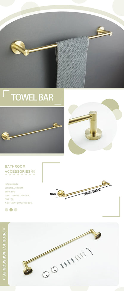 Brushed Gold Bathroom Wall-Mount Shelf & Accessory Set: Includes Toilet Paper Holder, Towel Bar, Rack, Rod, and Robe Hook