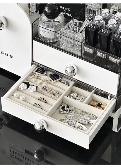 Elegant Vanity Makeup Organizer with Drawers - Premium Cosmetic Display Case with Brush and Lipstick Holders, Plus Jewelry Storage