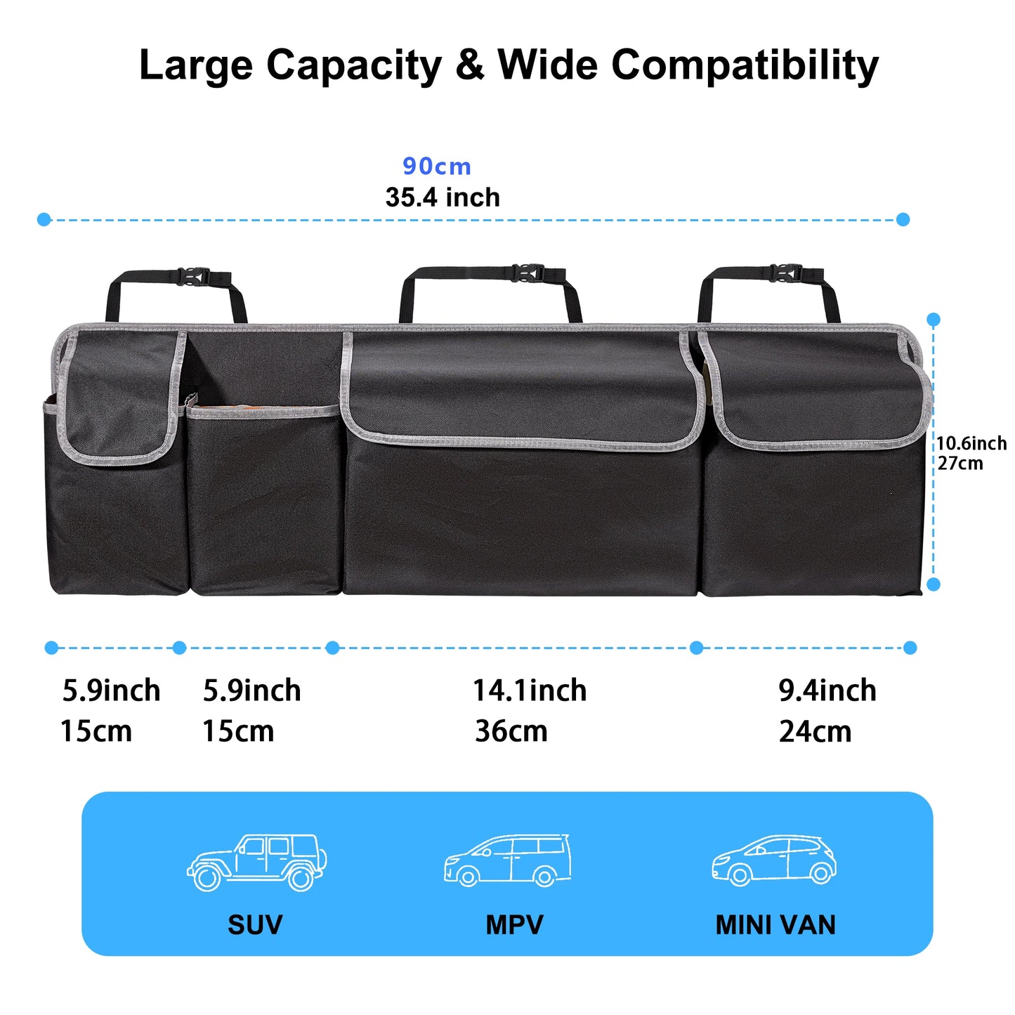 Multi-Pocket SUV Backseat Organizer - Upgraded Hanging Storage Bag for Truck and MPV with 4 Compartments, 39 x 14 Inches