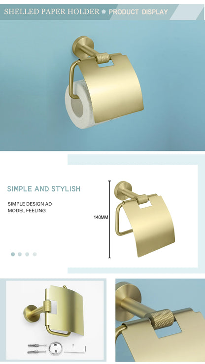 Brushed Gold Bathroom Hardware Kit - Wall-Mounted Hand Towel Bar, Toilet Roll Holder, Robe Hook, and Cup Hanger