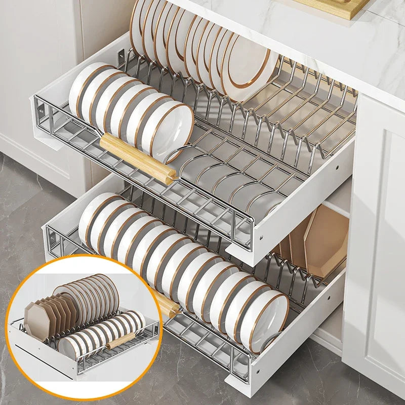 Multi-Layer Pull-Out Cabinet Rack for Bowls and Dishes - Versatile Kitchen Storage Organizer