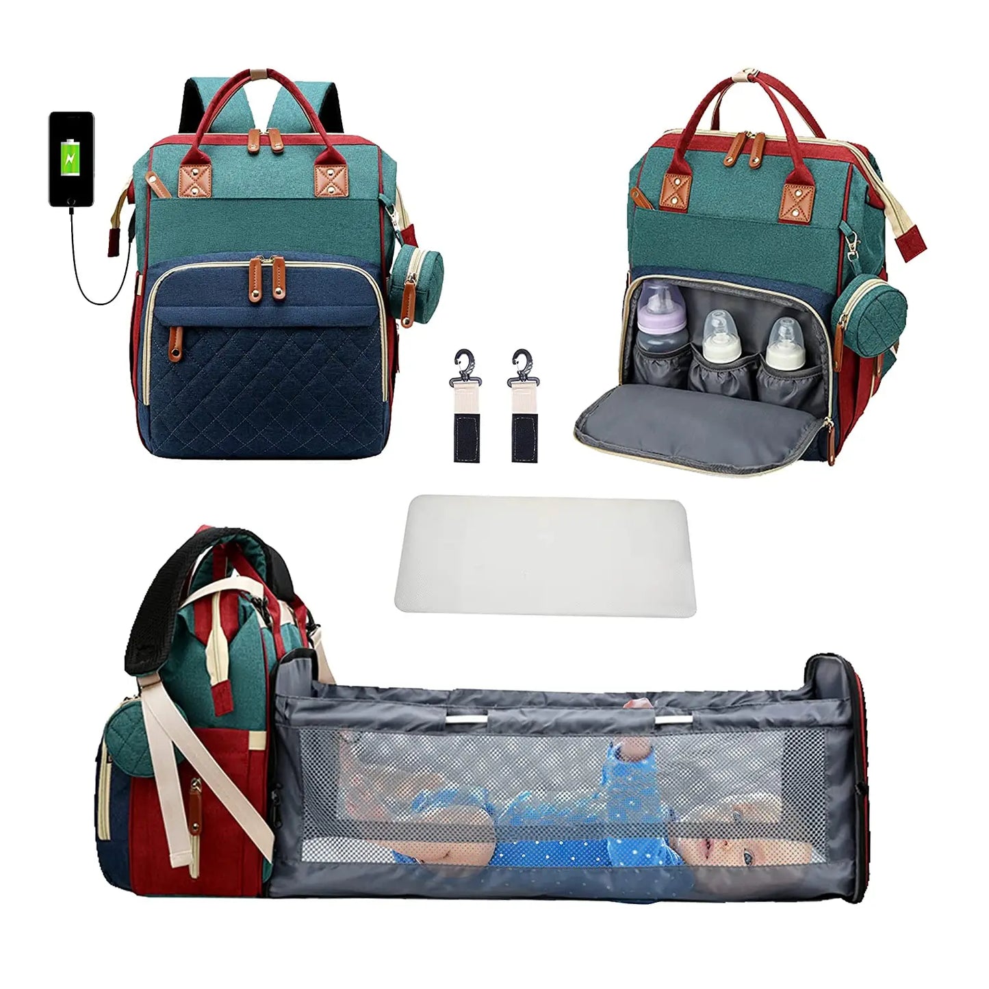 3-in-1 Wickeltaschen-Rucksack mit faltbarem Babybett &amp; USB-Aufladung – wasserdichte Reisetasche mit Wickelunterlage