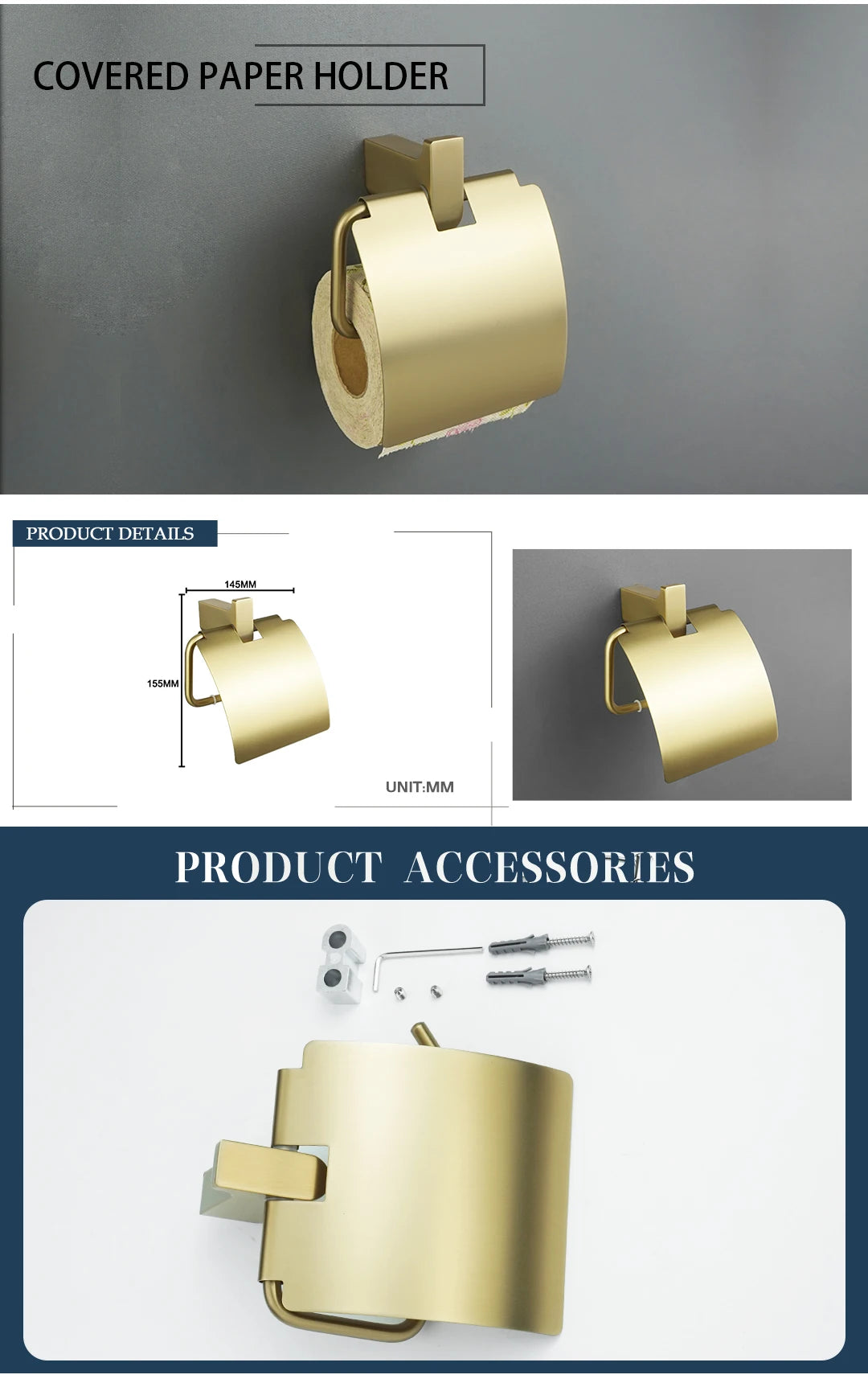 Brushed Gold Bathroom Accessory Set: Towel Bar, Toilet Paper Holder, Towel Rack, Hook, Toilet Brush, and Soap Dispenser