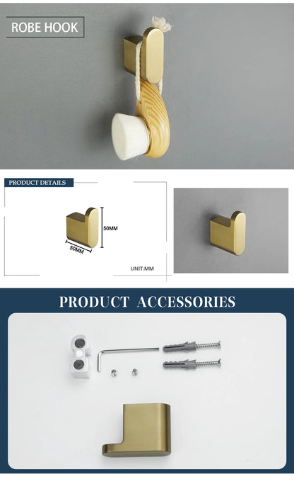 Brushed Gold Bathroom Accessory Set: Towel Bar, Toilet Paper Holder, Towel Rack, Hook, Toilet Brush, and Soap Dispenser