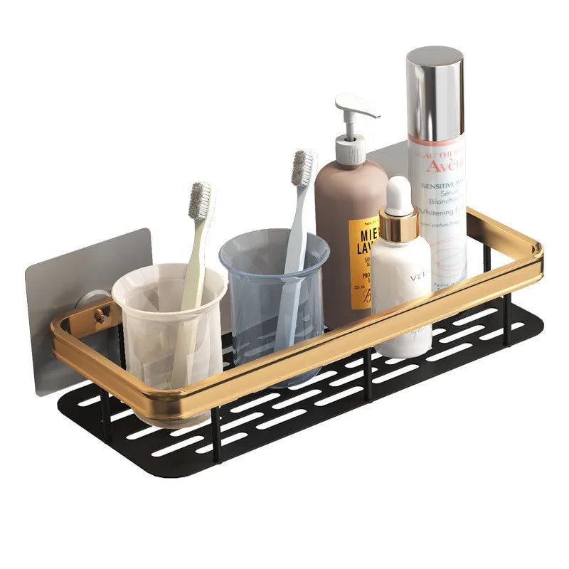 Corner Bathroom Shelf – Brushed Gold & Black Aluminum Wall-Mounted Storage Organizer for Bath and Shower