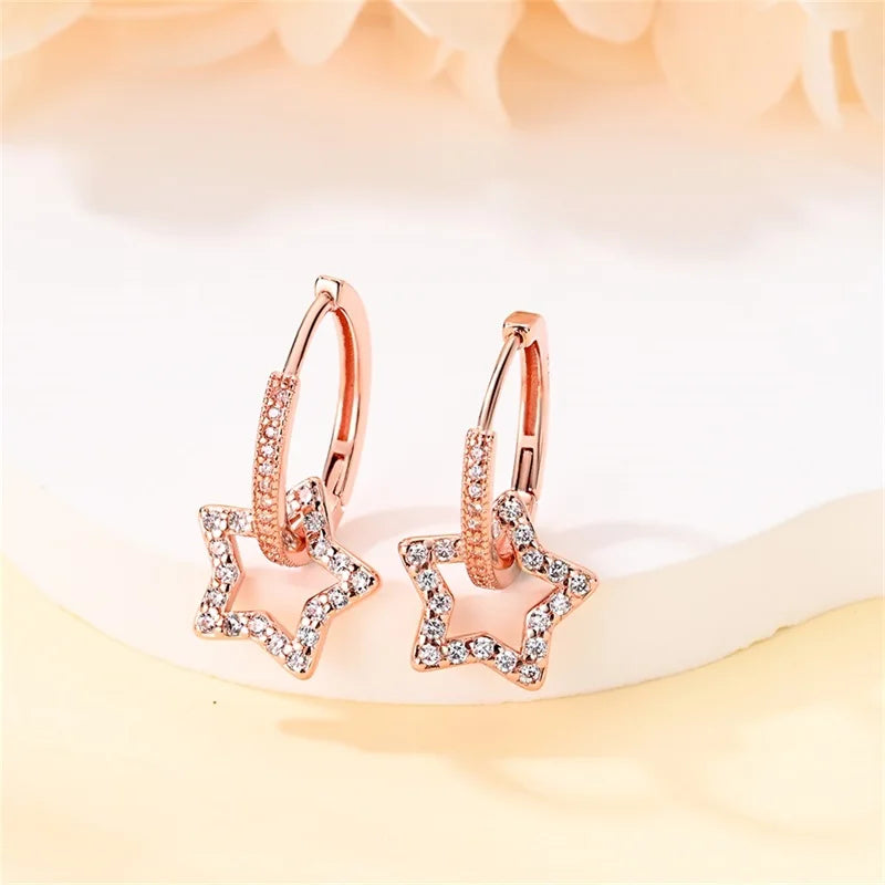 Sterling Silver 925 Rose Gold Heart Geometric Hoop Earrings – Pave CZ – Elegant Jewelry for Women – Perfect for Weddings, Engagements, and Birthdays