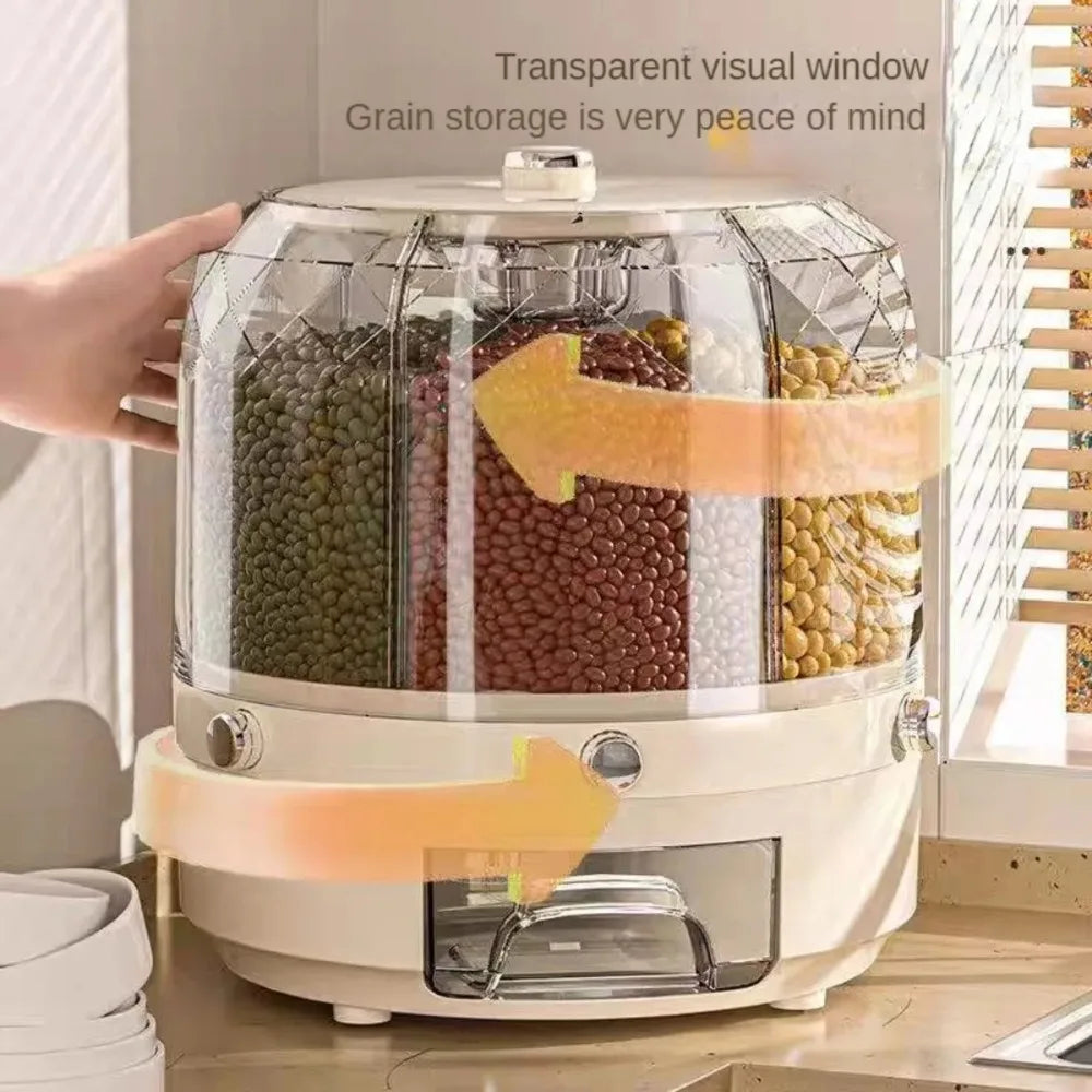 360 Degree Rotating Rice Dispenser - Sealed Dry Cereal Grain Bucket with Moisture-Proof Kitchen Food Container Storage Box