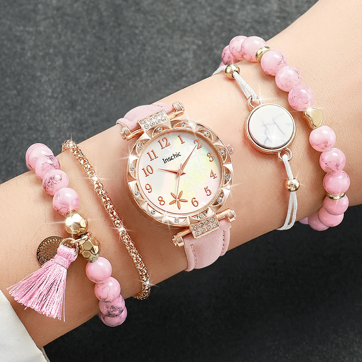 5PCS Floral Fashion Women's Quartz Watch & Beaded Bracelet Set - Leather Band