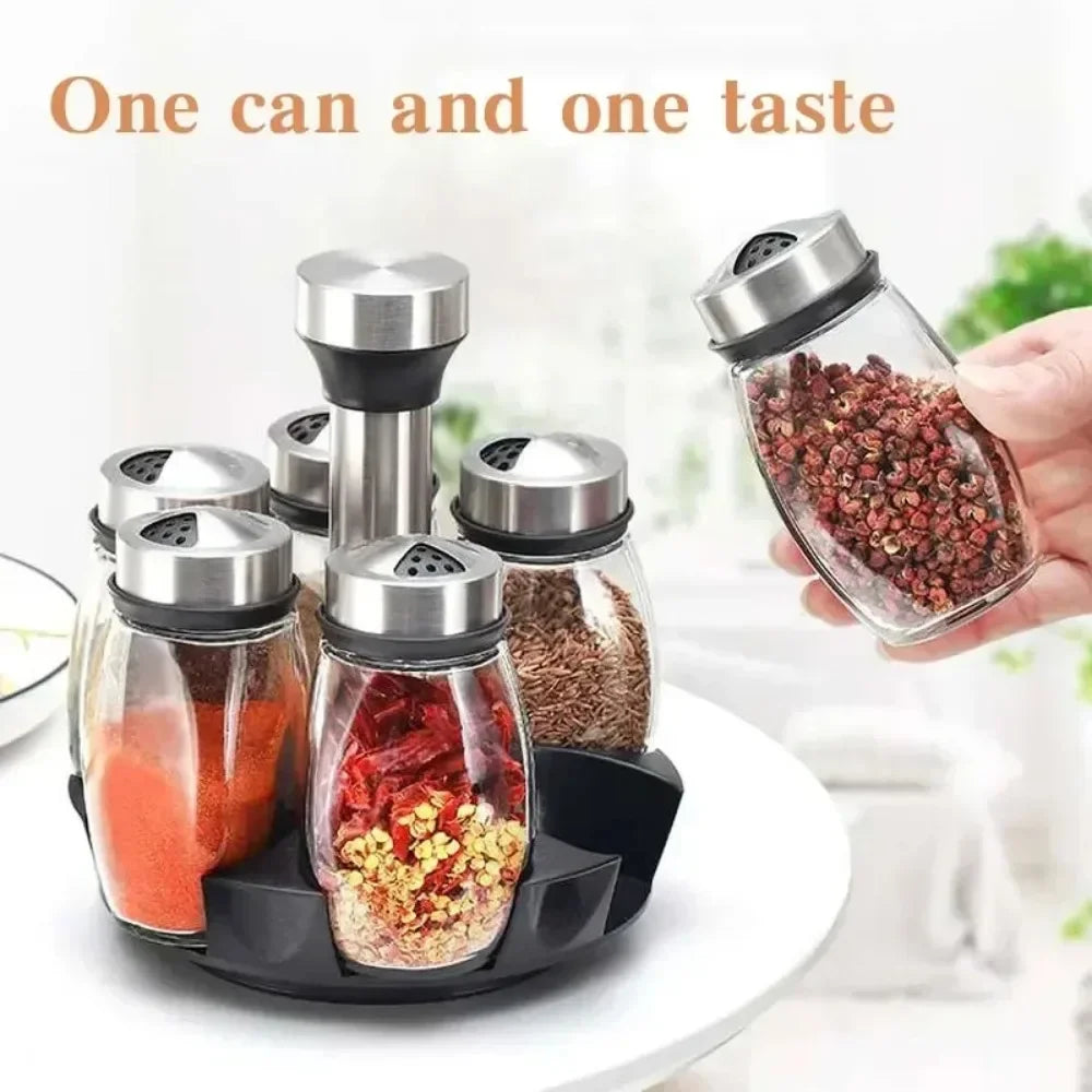 1/7-Piece Spice Jar Set with Rotating Rack - Glass Seasoning Organizers with Salt and Pepper Shakers