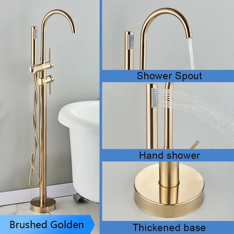 Golden Floor Standing Bathtub Faucet - Brass Waterfall Spout with Hot and Cold Mixer Tap