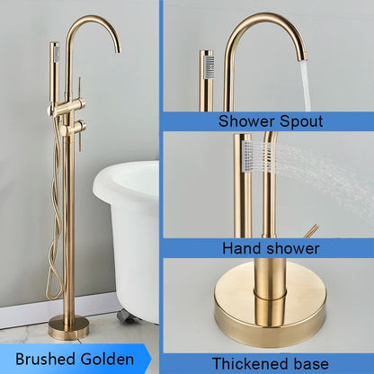 Golden Floor Standing Bathtub Faucet - Brass Waterfall Spout with Hot and Cold Mixer Tap