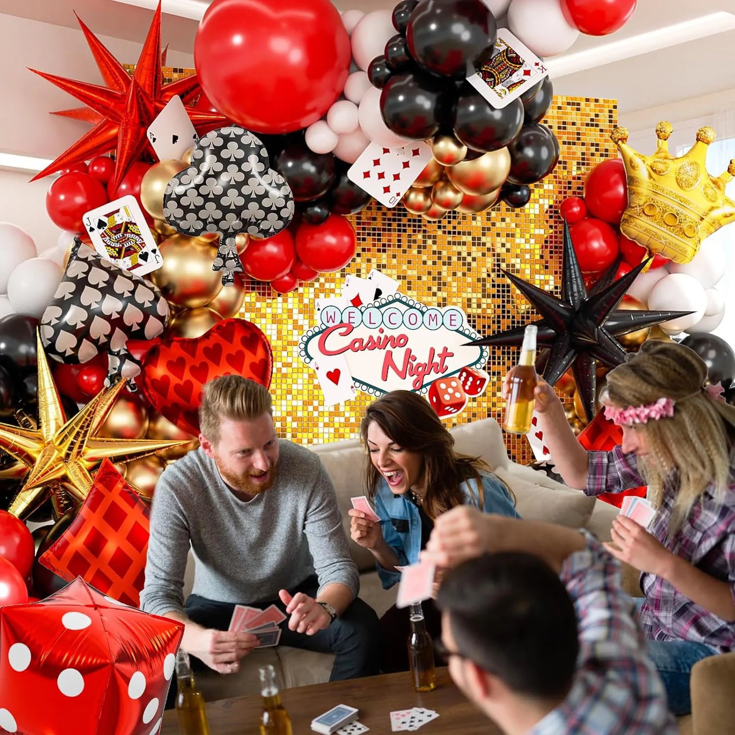 Las Vegas Casino Party Balloon Set: Red, Black, and Gold Garland Arch with Starburst Foil and Dice Balloons