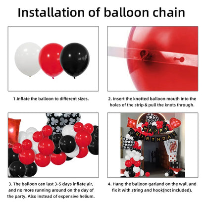 Las Vegas Casino Party Balloon Set: Red, Black, and Gold Garland Arch with Starburst Foil and Dice Balloons