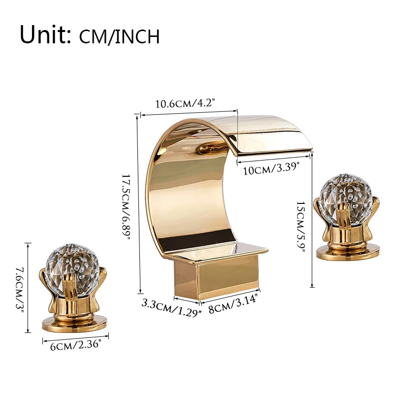 Luxury Golden Waterfall Basin Faucet - Brass Deck Mounted Tap with Crystal Double Handles for Bathroom Bathtub