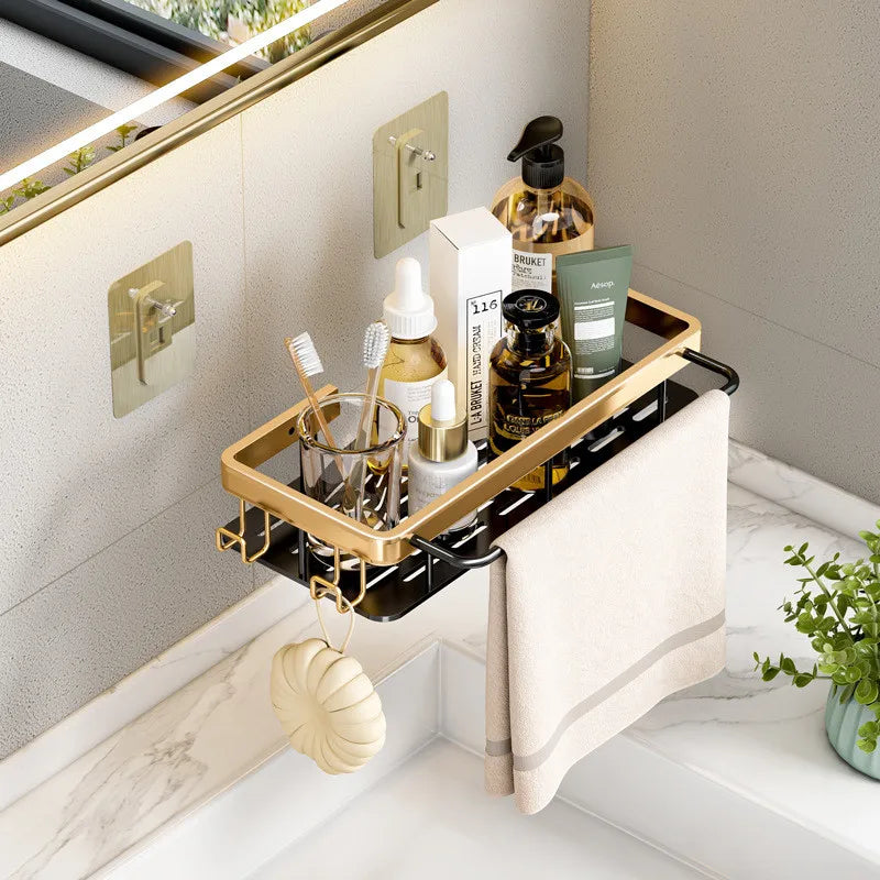 Corner Bathroom Shelf – Brushed Gold & Black Aluminum Wall-Mounted Storage Organizer for Bath and Shower