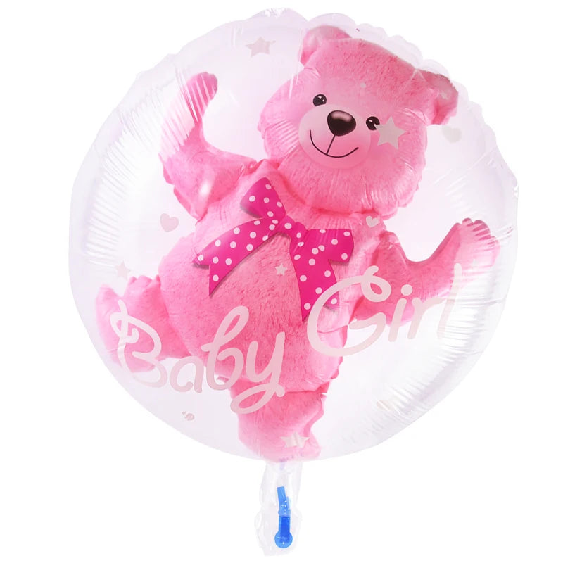 4D Transparent Baby Shower Balloon - Gender Reveal Bear Design for Boys and Girls, 1st Birthday Party Decoration, Blue and Pink Helium Balloon