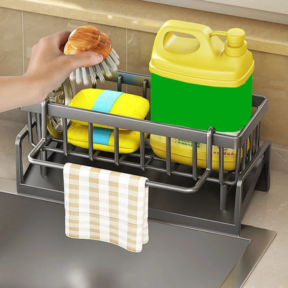 Self-Draining Kitchen Sink Organizer - ABS Plastic Rack with Soap Holder, Sponge Caddy, and Dishcloth Towel Shelf