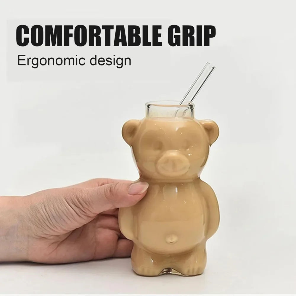 320ml Cute Bear Transparent Coffee Mug with Straw – Versatile Drinkware for Coffee, Milk, Beer, and More