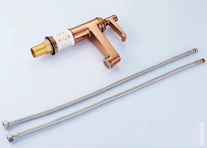 Rose Gold Deck-Mounted Brass Bathroom Basin Faucet - Modern Mixer Tap with Ceramic Cartridge