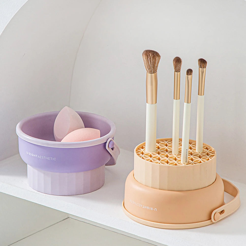 Silicone Brush Cleaner and Drying Set: Includes Makeup Brush Cleaning Bowl, Beauty Egg, Powder Puff Storage, and Drying Shelf