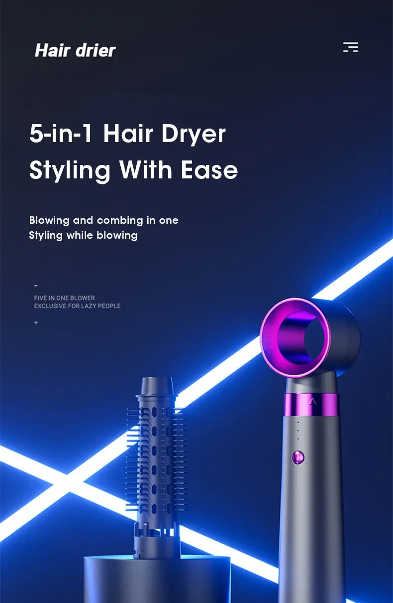 5-in-1 Multi-Function Hair Styler: Hot & Cold Air Dryer with Comb, Brush, Curler, and Straightener