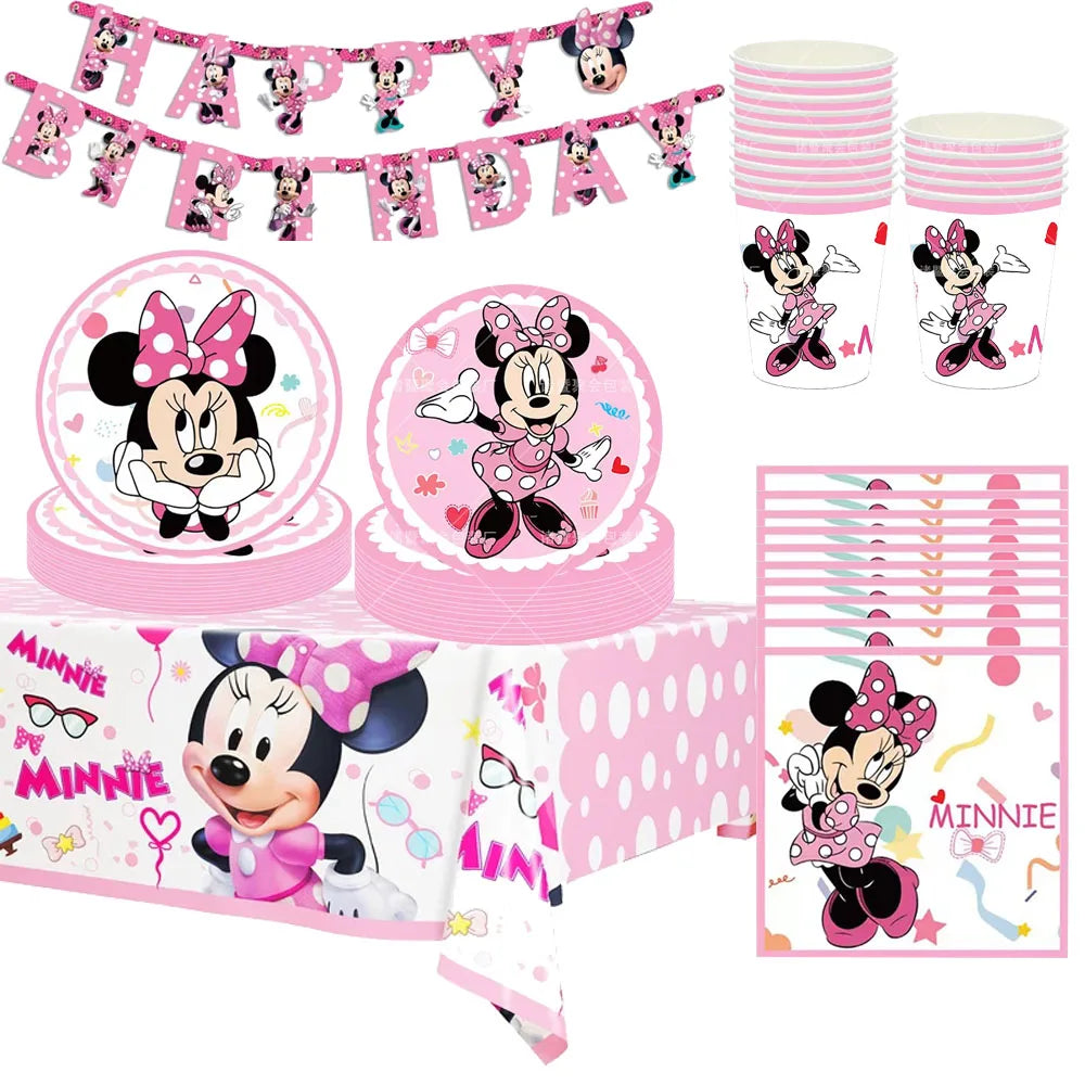 Minnie Mouse Birthday Party Decorations: Balloons, Happy Birthday Banner, Hanging Swirls, Background Backdrop, Cake Tablecloth, and Supplies