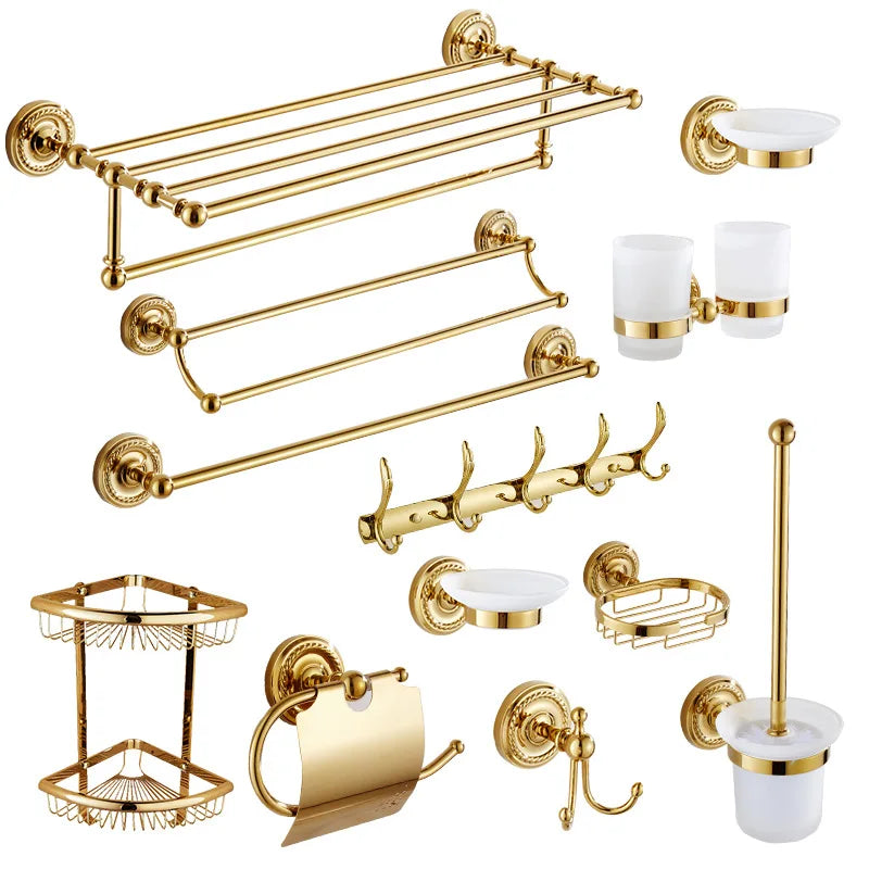 Solid Brass Bathroom Hardware Set - Gold Polished Toothbrush Holder, Paper Holder, Towel Bar, and Towel Rack