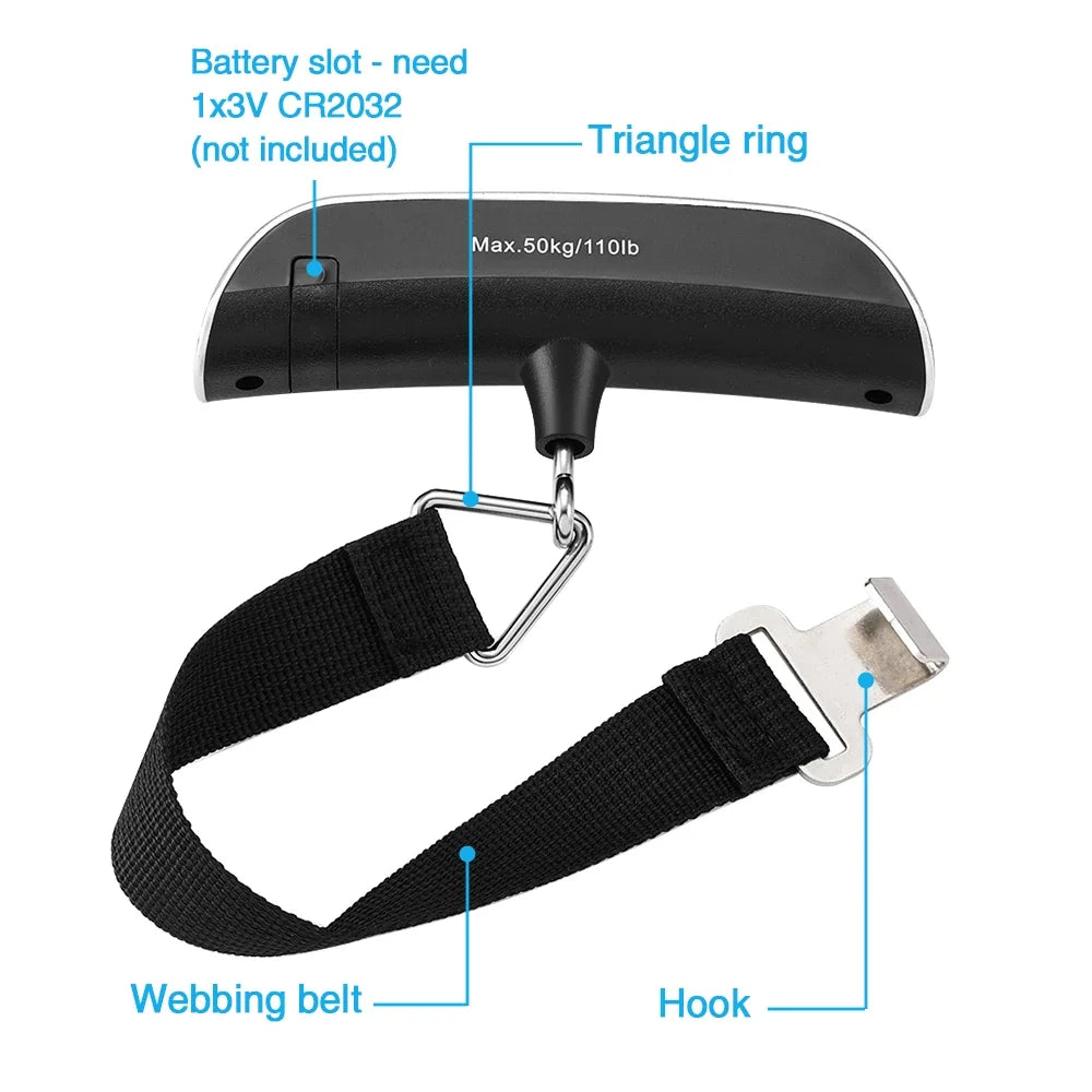 ميزان أمتعة محمول بشاشة LCD رقمية 50 كجم/110 رطل مع حزام - أداة قياس وزن السفر
