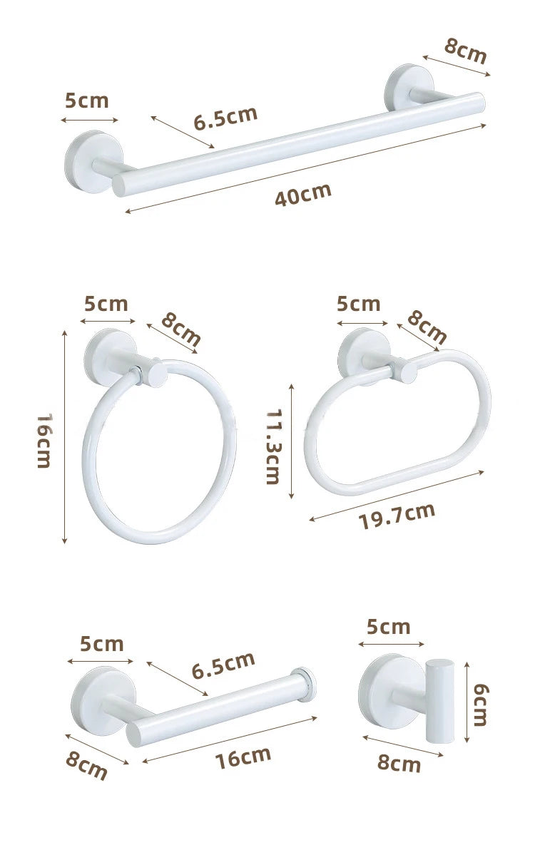 مجموعة أدوات الحمام المصنوعة من الفولاذ المقاوم للصدأ باللونين الأبيض والذهبي - قضيب المناشف، حامل ورق التواليت، خطاف الملابس، حلقة حامل المناشف