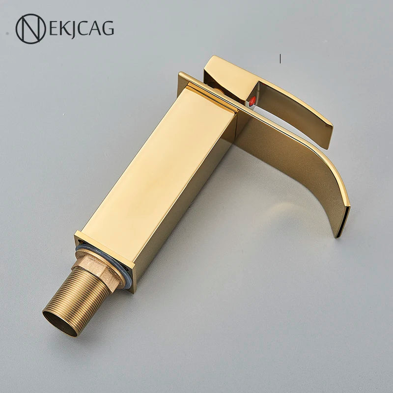 Gold Bathroom Basin Faucet - Waterfall Outlet Sink Mixer with Deck Installation, Cold and Hot Mixing Crane