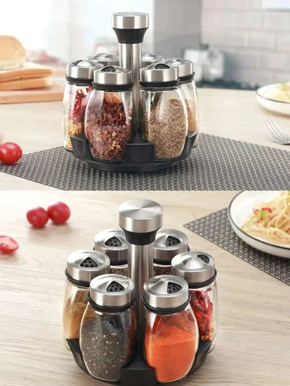 1/7-Piece Spice Jar Set with Rotating Rack - Glass Seasoning Organizers with Salt and Pepper Shakers