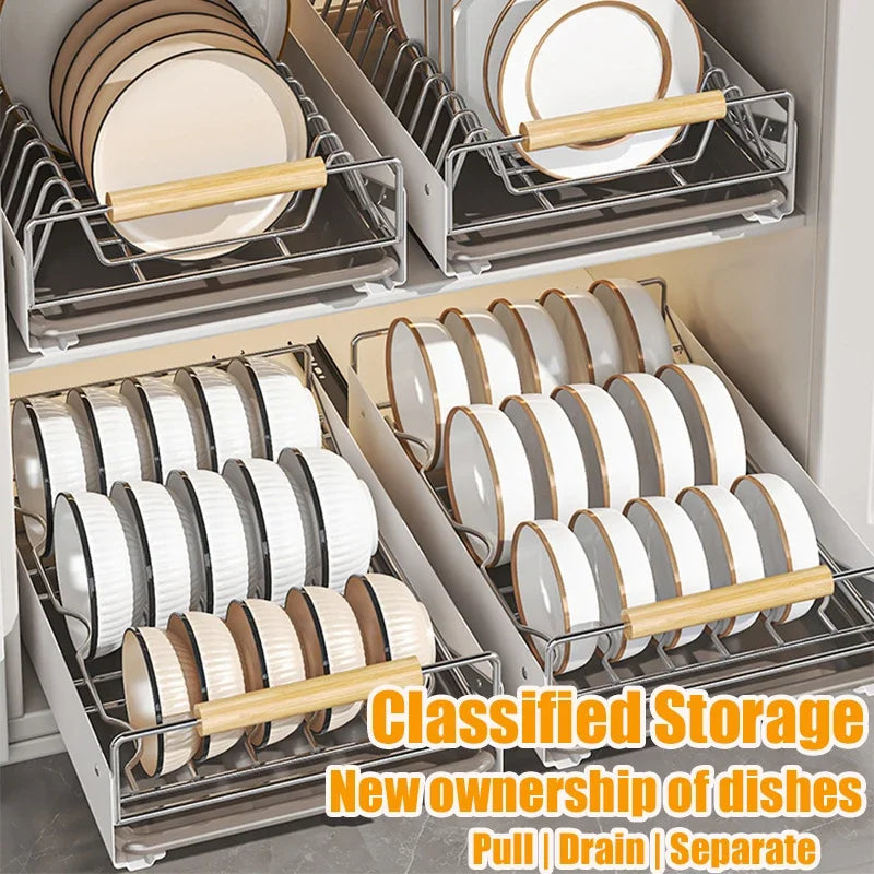 Multi-Layer Pull-Out Cabinet Rack for Bowls and Dishes - Versatile Kitchen Storage Organizer