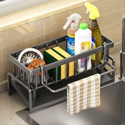 Self-Draining Kitchen Sink Organizer - ABS Plastic Rack with Soap Holder, Sponge Caddy, and Dishcloth Towel Shelf