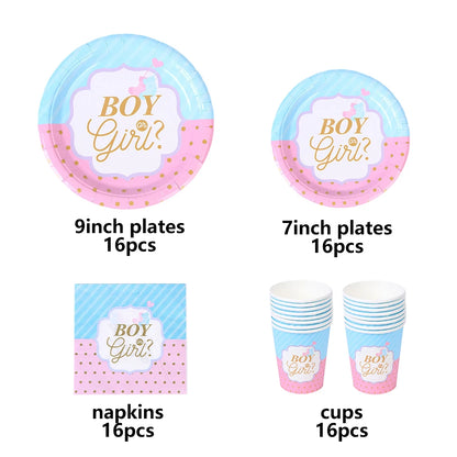 Gender Reveal Disposable Tableware Set – Baby Shower Party Decorations with Paper Plates, Cups, and Latex Balloons for Boys or Girls