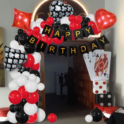 Las Vegas Casino Party Balloon Set: Red, Black, and Gold Garland Arch with Starburst Foil and Dice Balloons