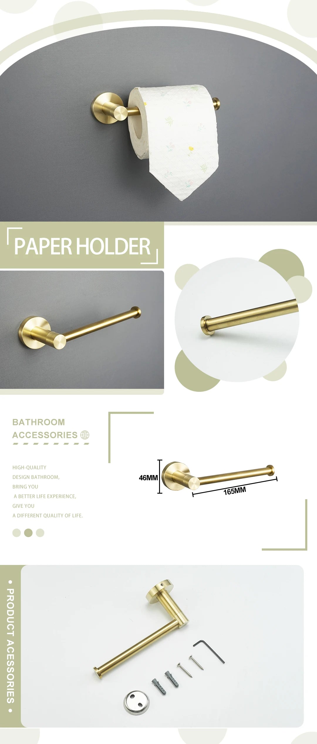 Brushed Gold Bathroom Wall-Mount Shelf & Accessory Set: Includes Toilet Paper Holder, Towel Bar, Rack, Rod, and Robe Hook