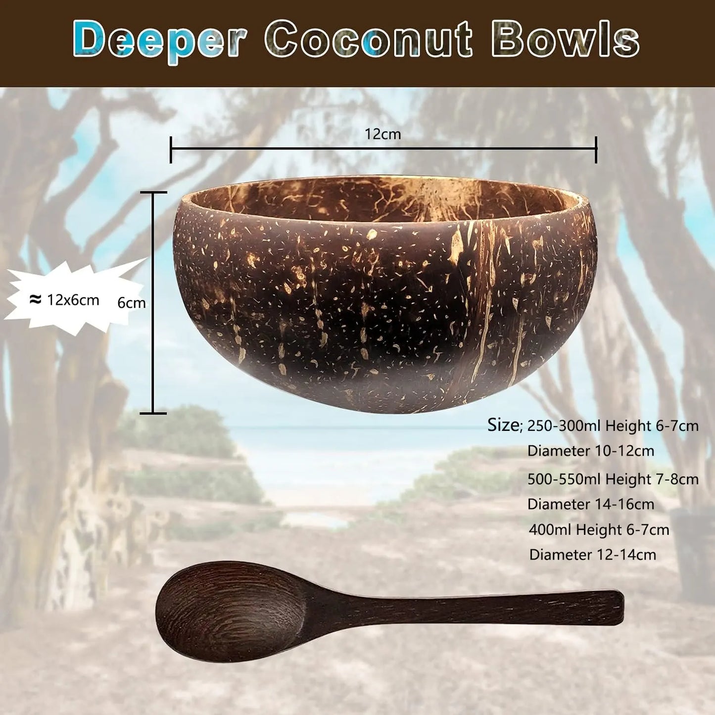 Coconut Bowls - Reusable Wooden Salad Bowls, Natural Coconut Shell Serving Utensils for Breakfast and Parties