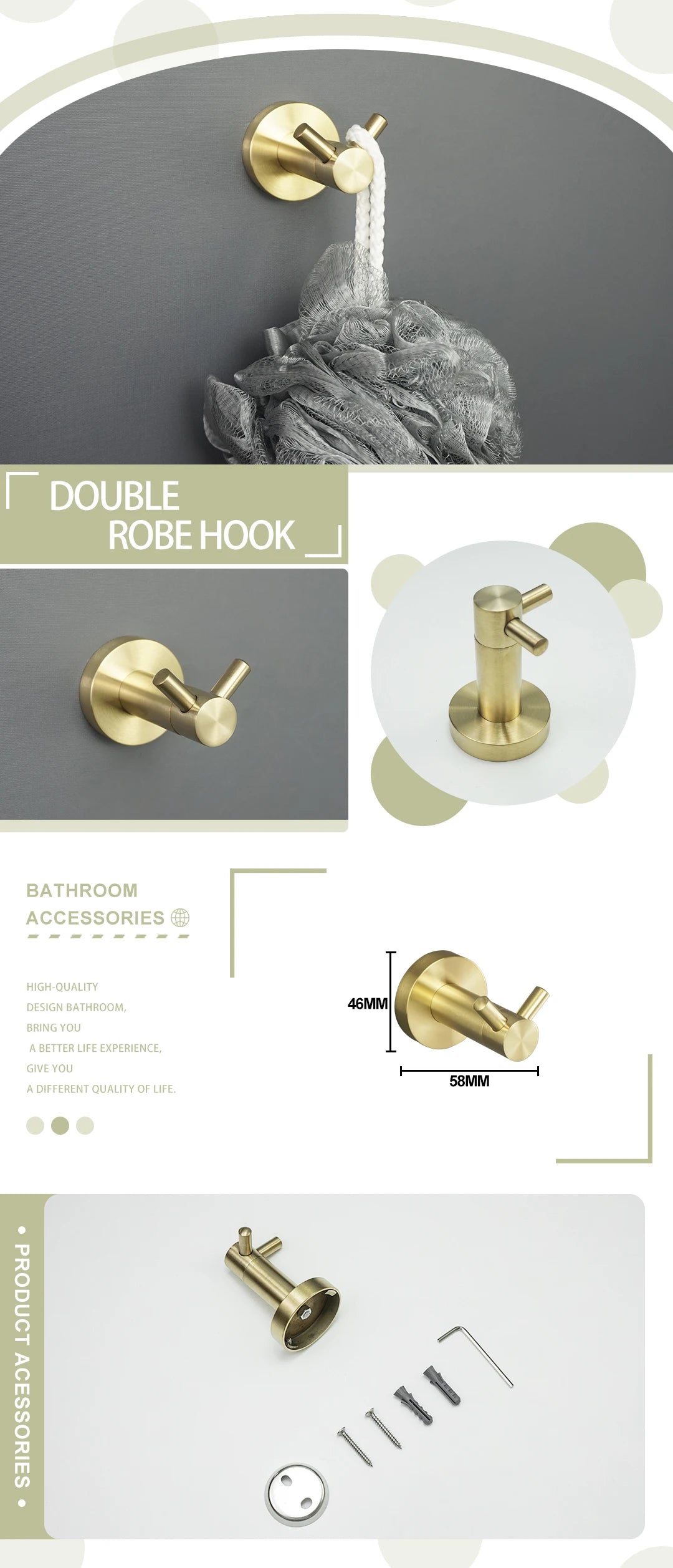 Brushed Gold Bathroom Wall-Mount Shelf & Accessory Set: Includes Toilet Paper Holder, Towel Bar, Rack, Rod, and Robe Hook