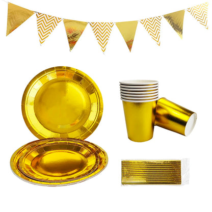 Gold Party Disposable Tableware Set – Includes Paper Plates, Cups, Straws, Banner, and Tablecloth for Kids and Adults – Ideal for Birthdays, Weddings, Baby Showers, and More