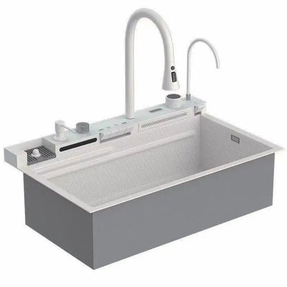 White Stainless Steel Waterfall Kitchen Sink Set – Large Single Slot with Digital Display Faucet, Soap Dispenser, and Cup Washer