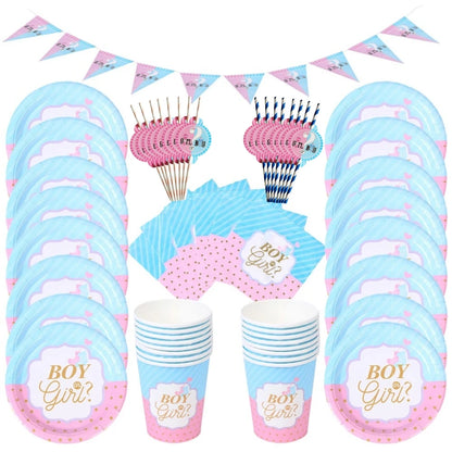 Gender Reveal Einweggeschirr-Set – Babyparty-Dekoration mit Papptellern, Bechern und Latexballons für Jungen oder Mädchen