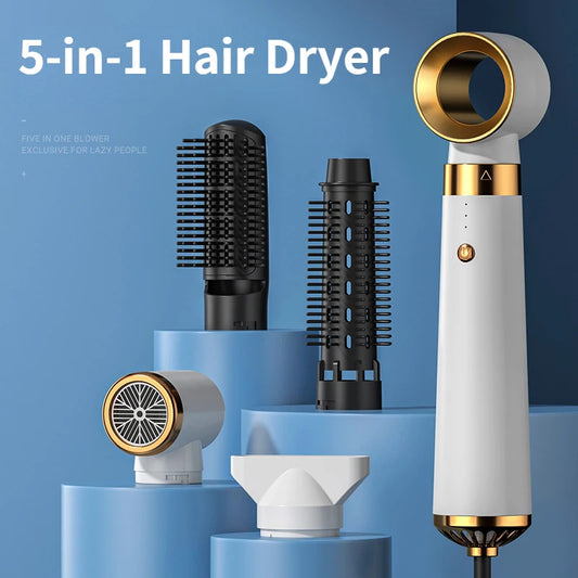 5-in-1 Multi-Function Hair Styler: Hot & Cold Air Dryer with Comb, Brush, Curler, and Straightener