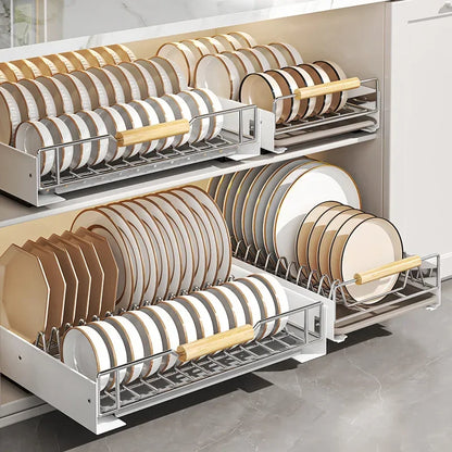 Multi-Layer Pull-Out Cabinet Rack for Bowls and Dishes - Versatile Kitchen Storage Organizer