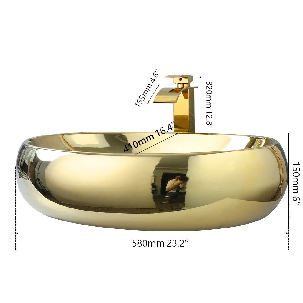 Luxuriöses 23-Zoll-Waschbecken mit goldenem Wasserfall-Wasserhahn – Überbauwaschbecken aus ovaler Keramik in modernem Design