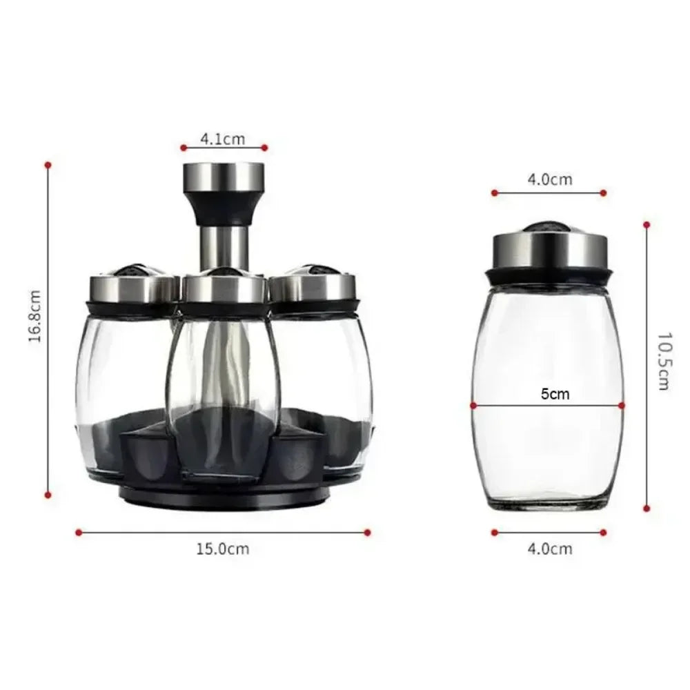 1/7-Piece Spice Jar Set with Rotating Rack - Glass Seasoning Organizers with Salt and Pepper Shakers